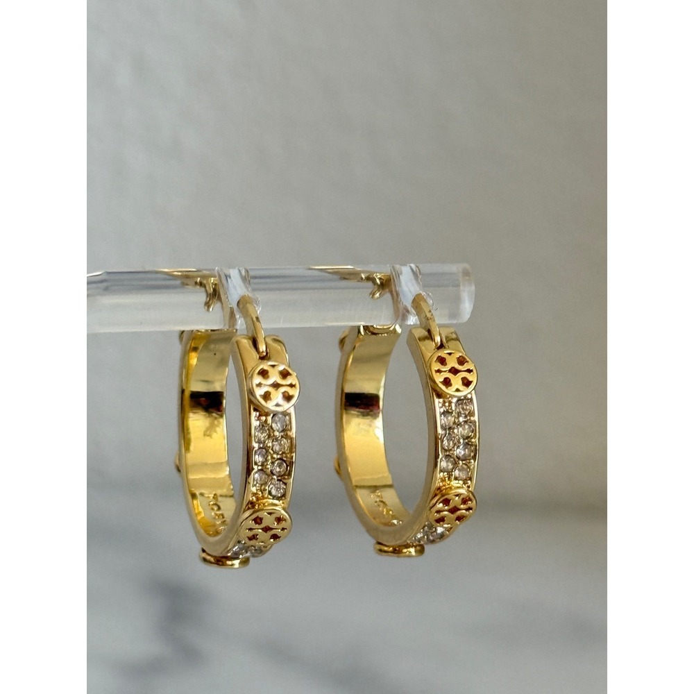 Tory Burch Miller Pave Huggie Hoop Earrings Gold Tone Crystal Logo Medallion